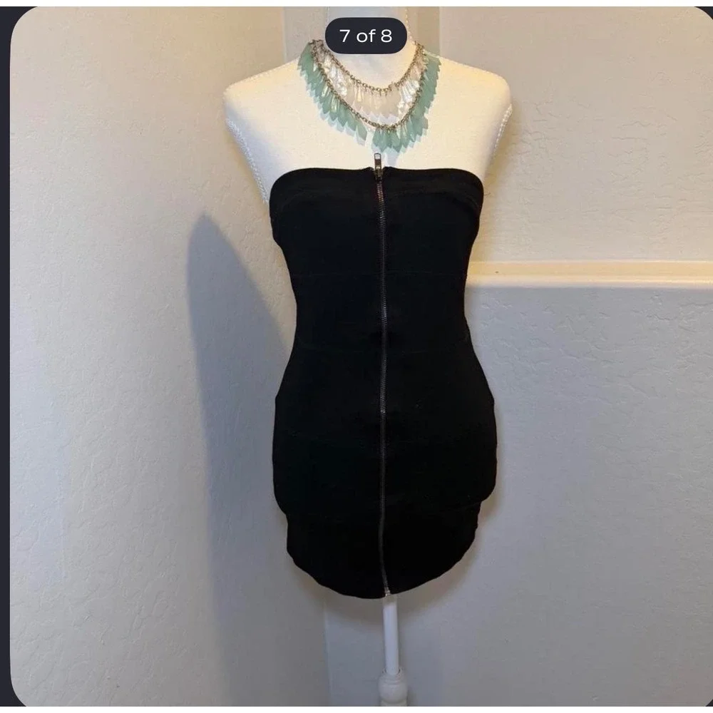 Black Strapless Mini Dress‎ Womens Small Zip Front Bodycon Stretch Tube Dress